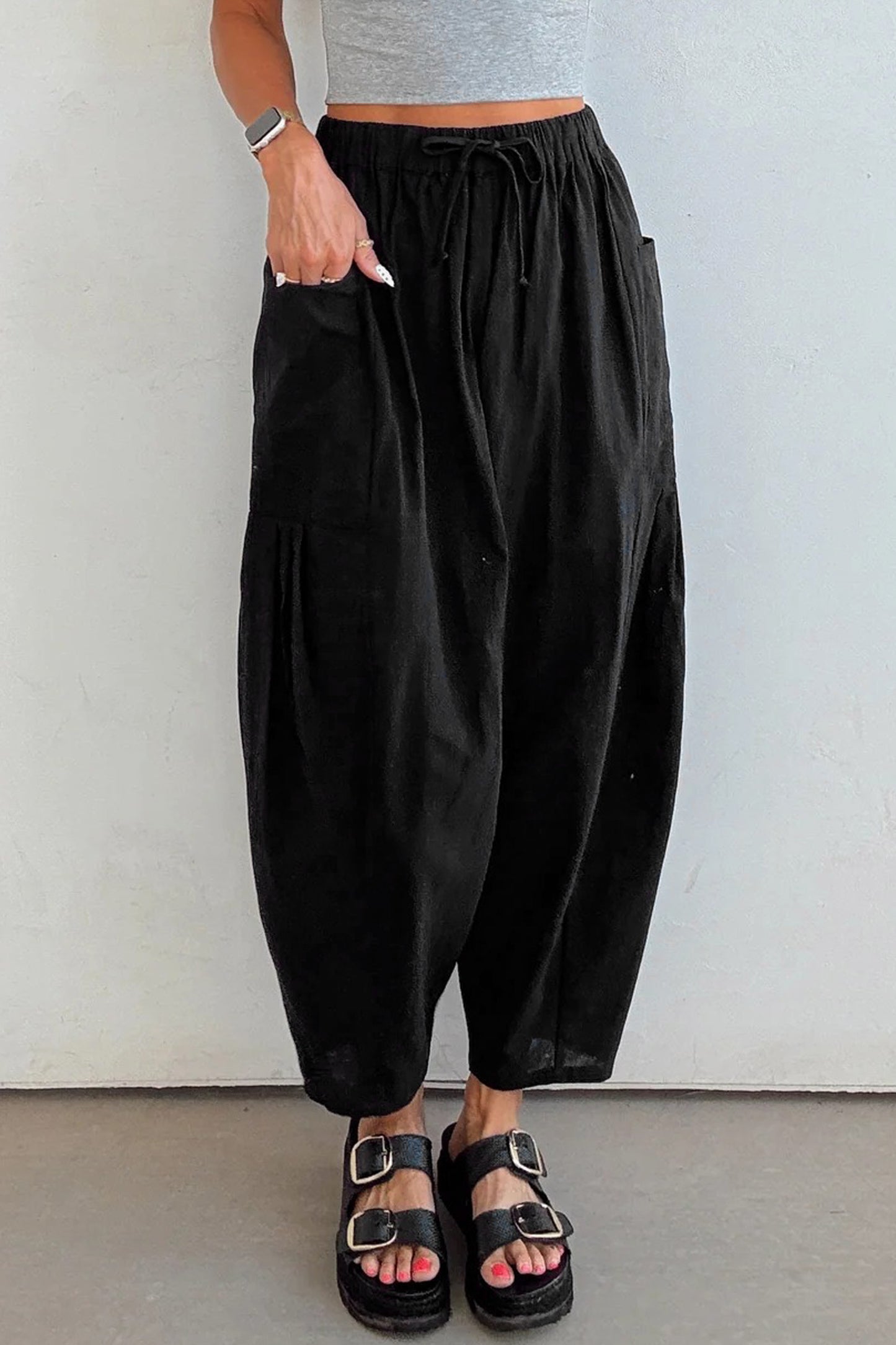 Jungle Green Drawstring Elastic Waist Patch Pocket Barrel Leg Casual Pants