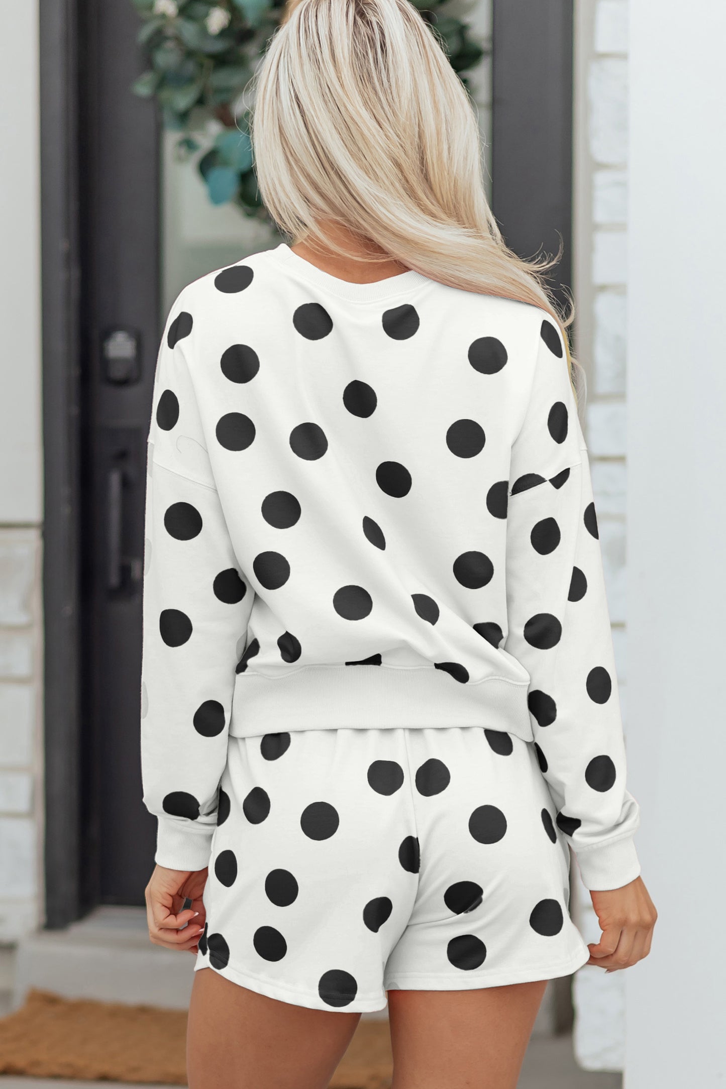 Sky Blue Polka Dot Print Drop Shoulder Pullover Drawstring Shorts Set
