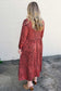 Red Leopard Print Long Sleeve V Neck Plus Size Midi Dress