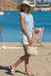 Beau Blue Pointelle Knit Patterned Scalloped Trim Short Sleeve Sweater