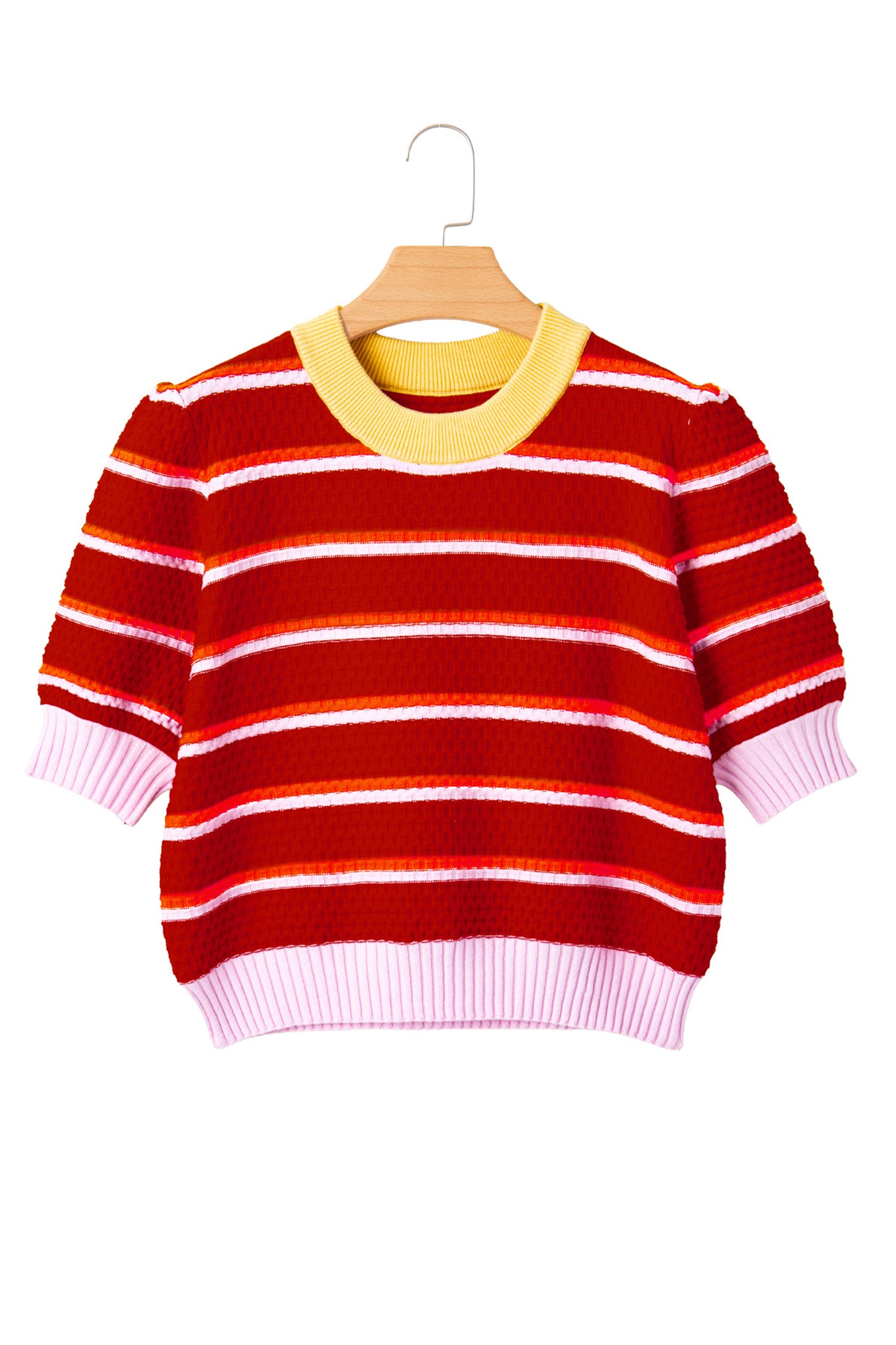 Green Stripe Colorblock Trim Half Sleeve Sweater Top