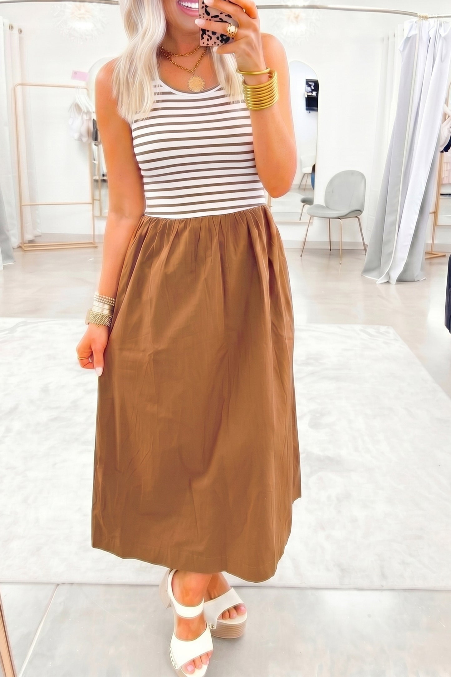 Chestnut Striped Colorblock Patchwork Sleeveless Casual Long Dress