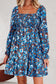 Blue Smocked Bodice High Waist Ruffled Sleeve Floral Dress