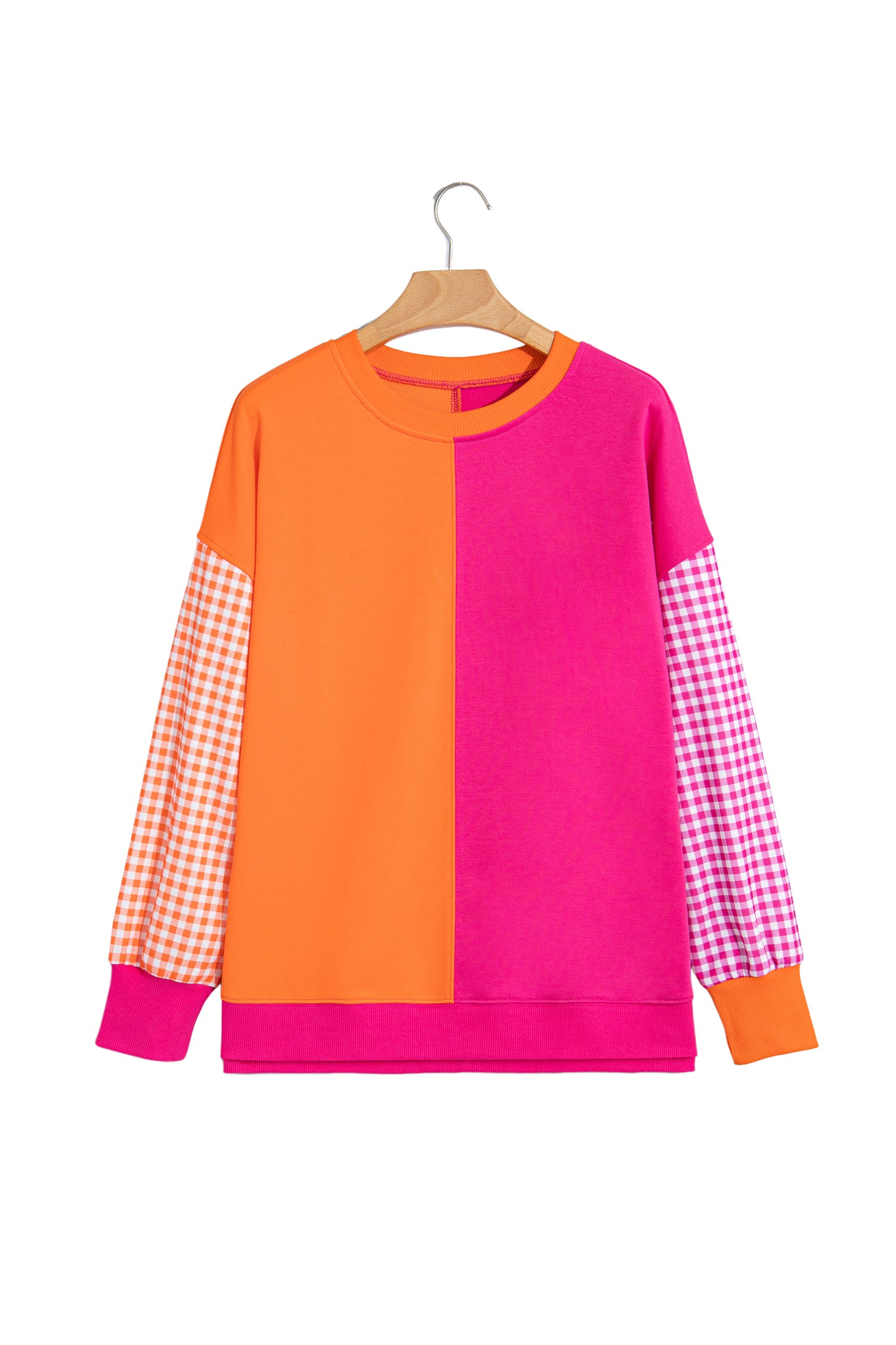 Light Blue Colorblock Gingham Sleeve Crewneck Sweatshirt