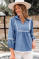 Dusk Blue Lace Ric Rac 3/4 Puff Sleeve Collared Babydoll Blouse