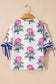 White Floral Colorblock Stripe Knot Bubble Sleeve V Neck Blouse