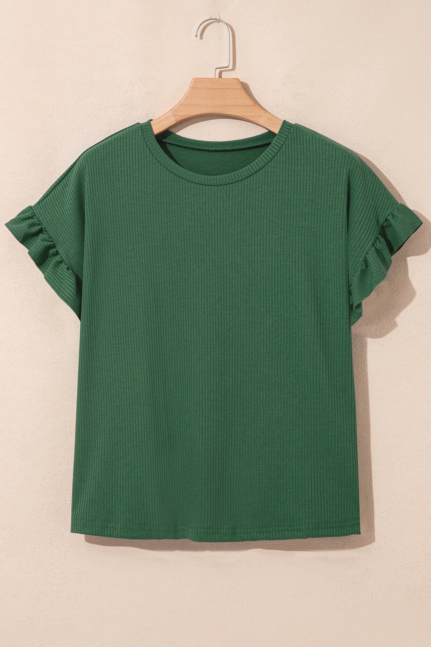 Black Solid Color Ribbed Ruffled Short Sleeve T Shirt