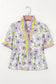 Purple Floral Print Striped Detail Split Neck Flounce Short Sleeve Peplum Blouse