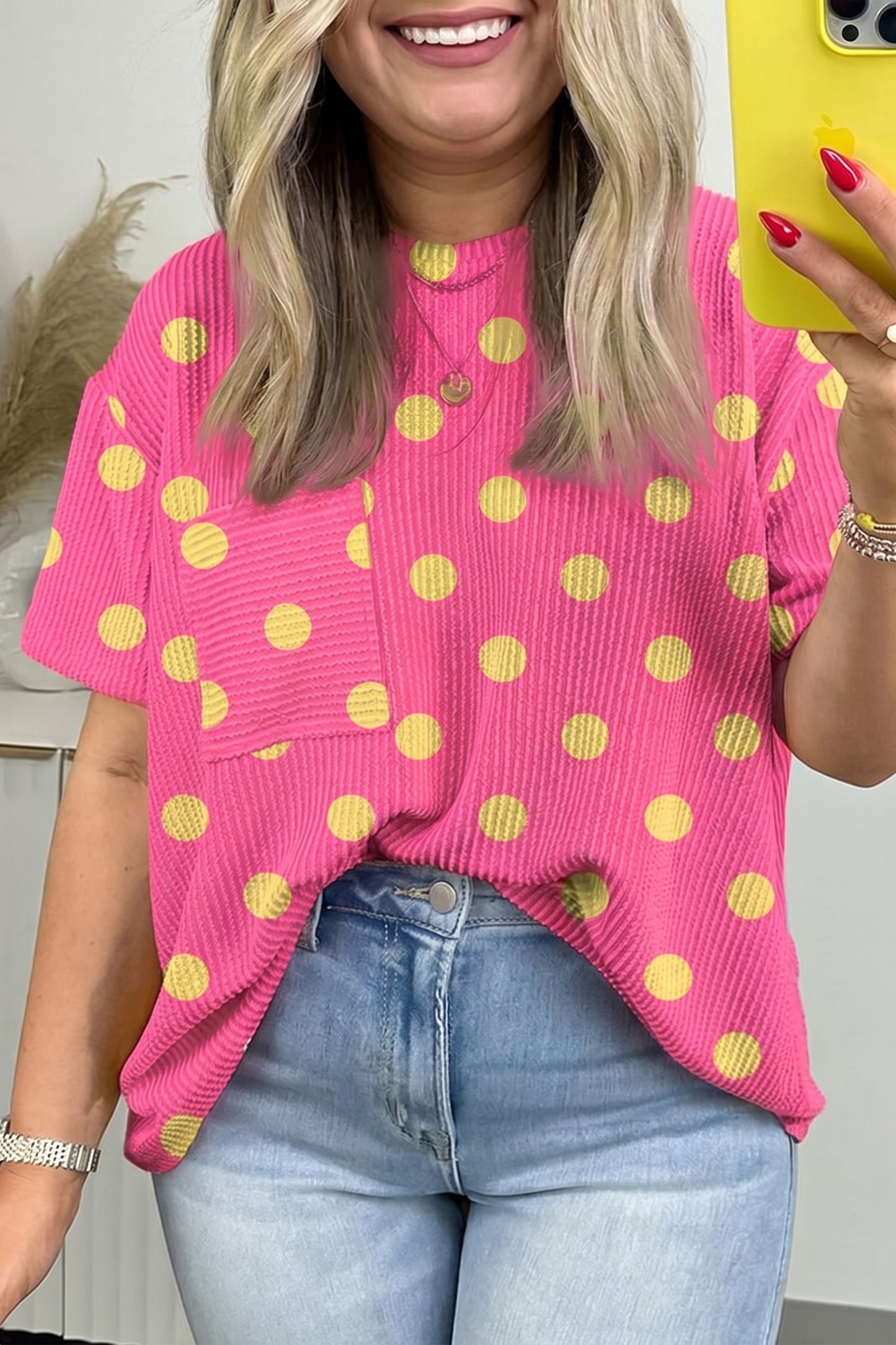 Sky Blue Twisted Rib Polka Dot Print Plus Size T Shirt