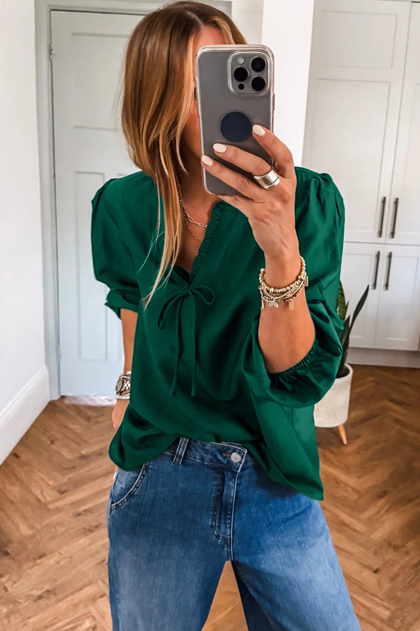 Fiery Red Solid Color Frilled V Neck Bow Detail 3/4 Sleeve Blouse