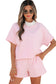 Pink Stripe Cuffed Sleeve Contrast Mock Neck Tee Casual 2pcs Short Set