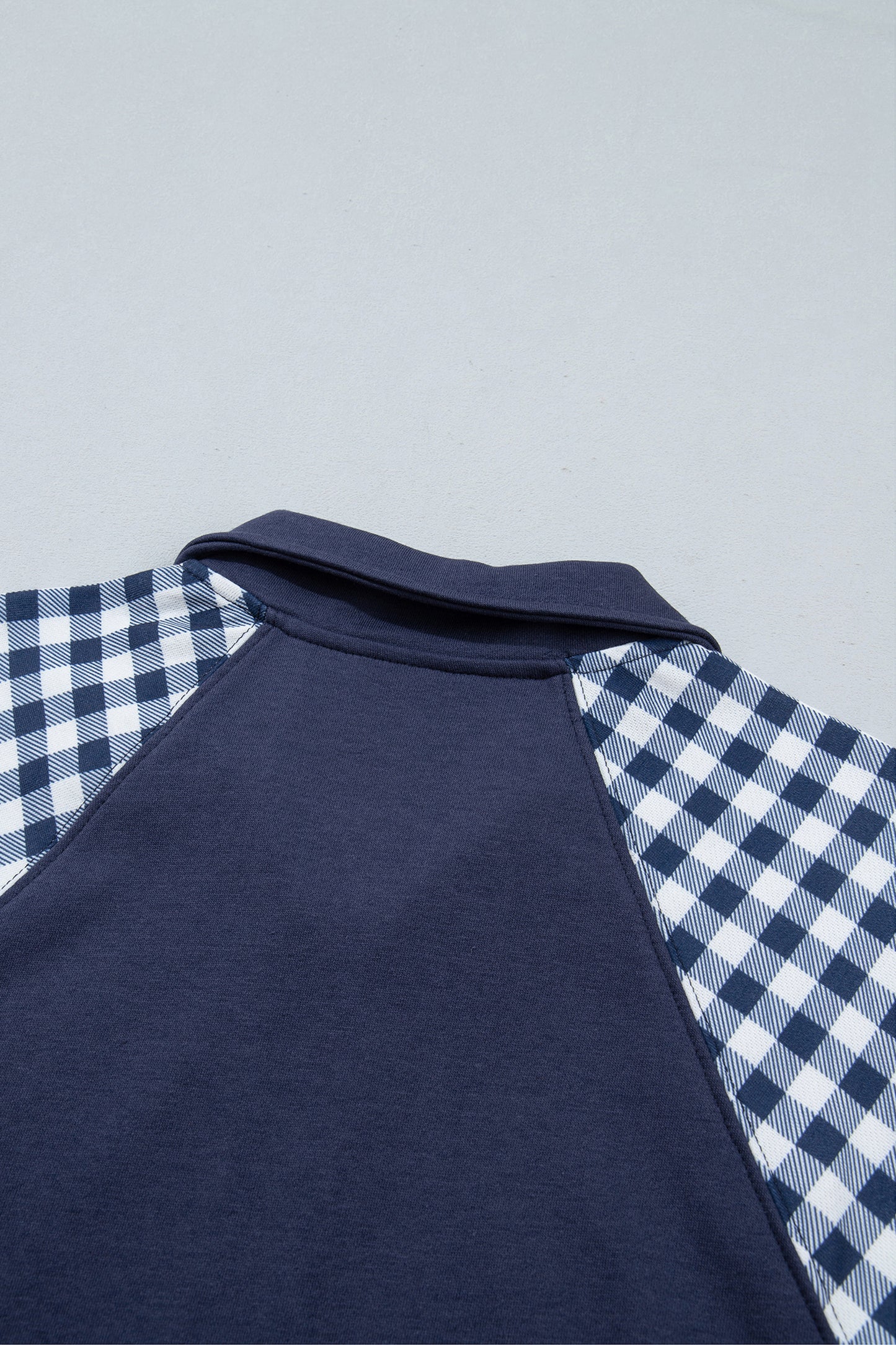 Navy Blue Patchwork Plaid Pocket Quarter Zip Sweatshirt