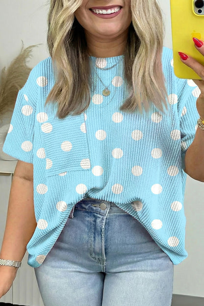 Sky Blue Twisted Rib Polka Dot Print Plus Size T Shirt