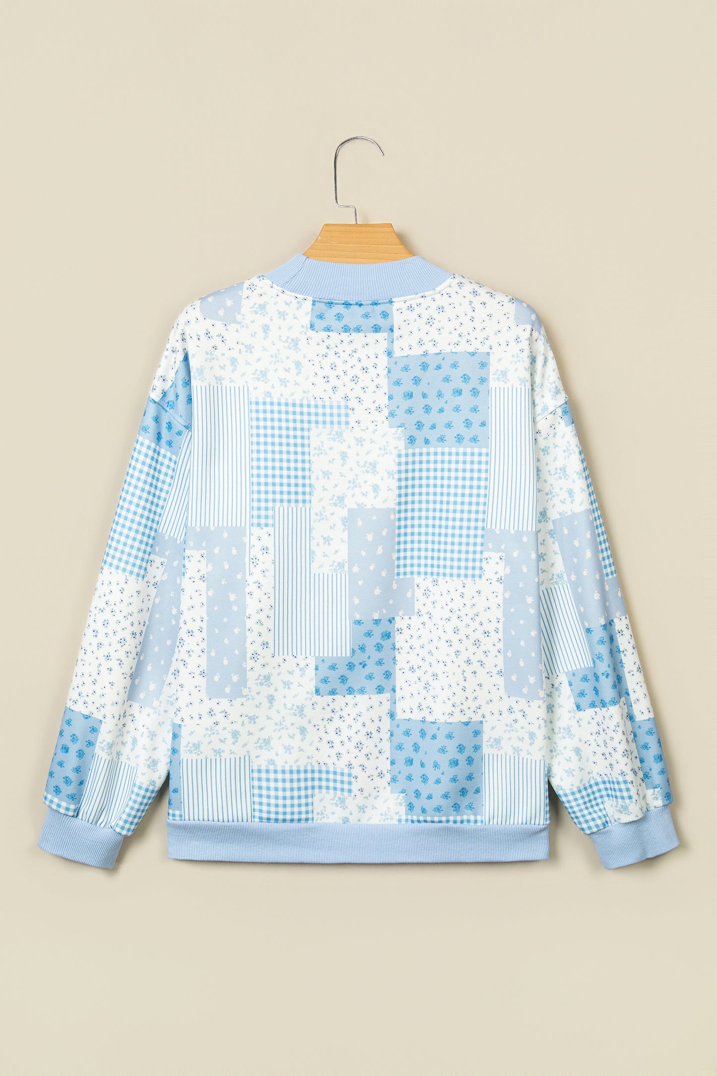 Khaki Patchwork Floral Print Mock Neck Long Sleeve Sweatshirt