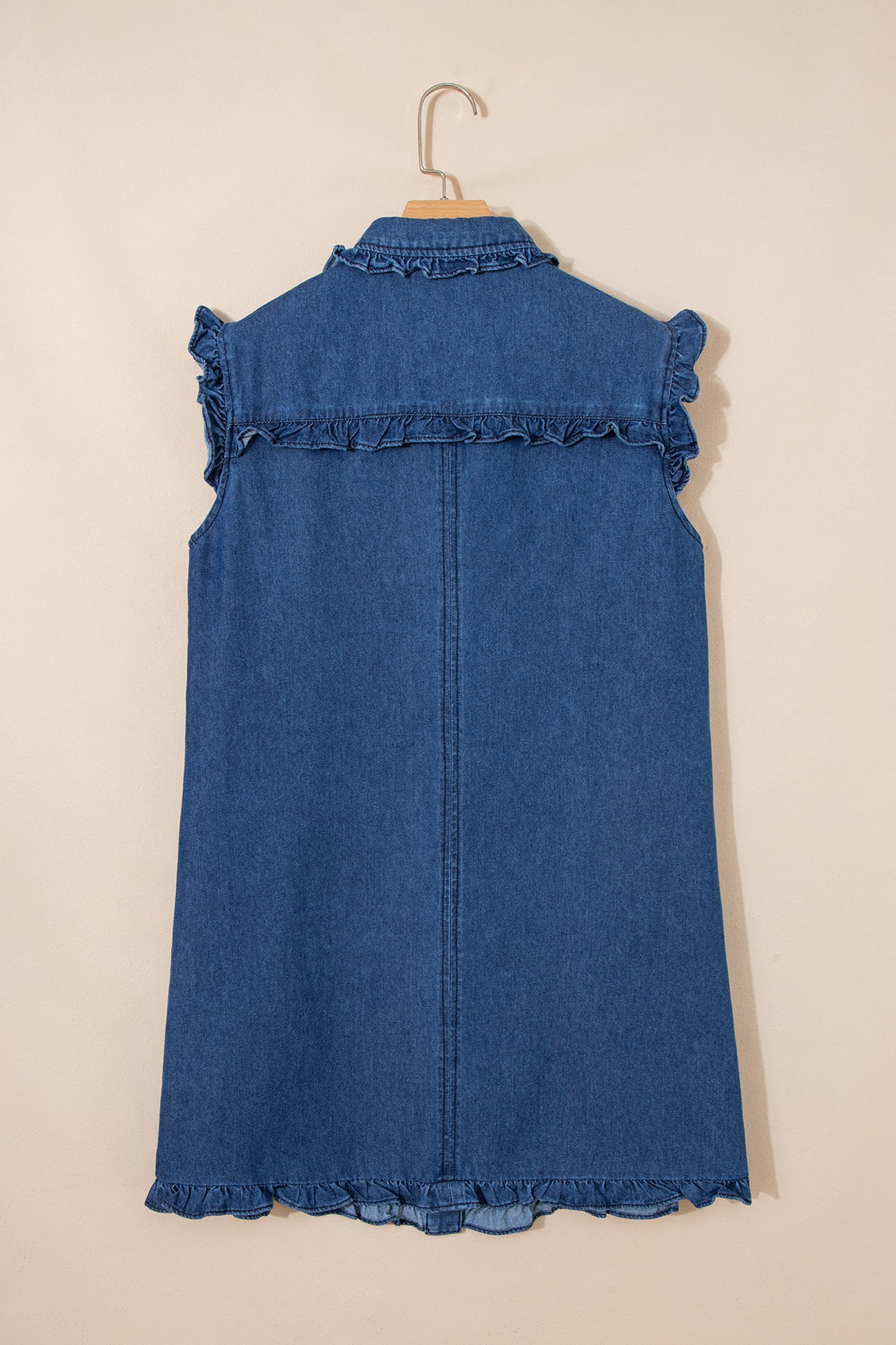 Sail Blue Ruffled Edge Collared Shift Denim Dress with Pockets