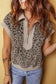 Beige Zip up Collared Leopard Cap Sleeve Top