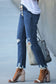 Dark Blue Elastic Waist Straight Leg Destroyed Raw Hem Jeans