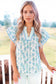 Green Floral Print Striped Detail Contrast V Neck Patchwork Flutter Sleeve Blouse