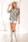 Sky Blue Floral Collared V Neck Roll up Sleeve Shift Blouse