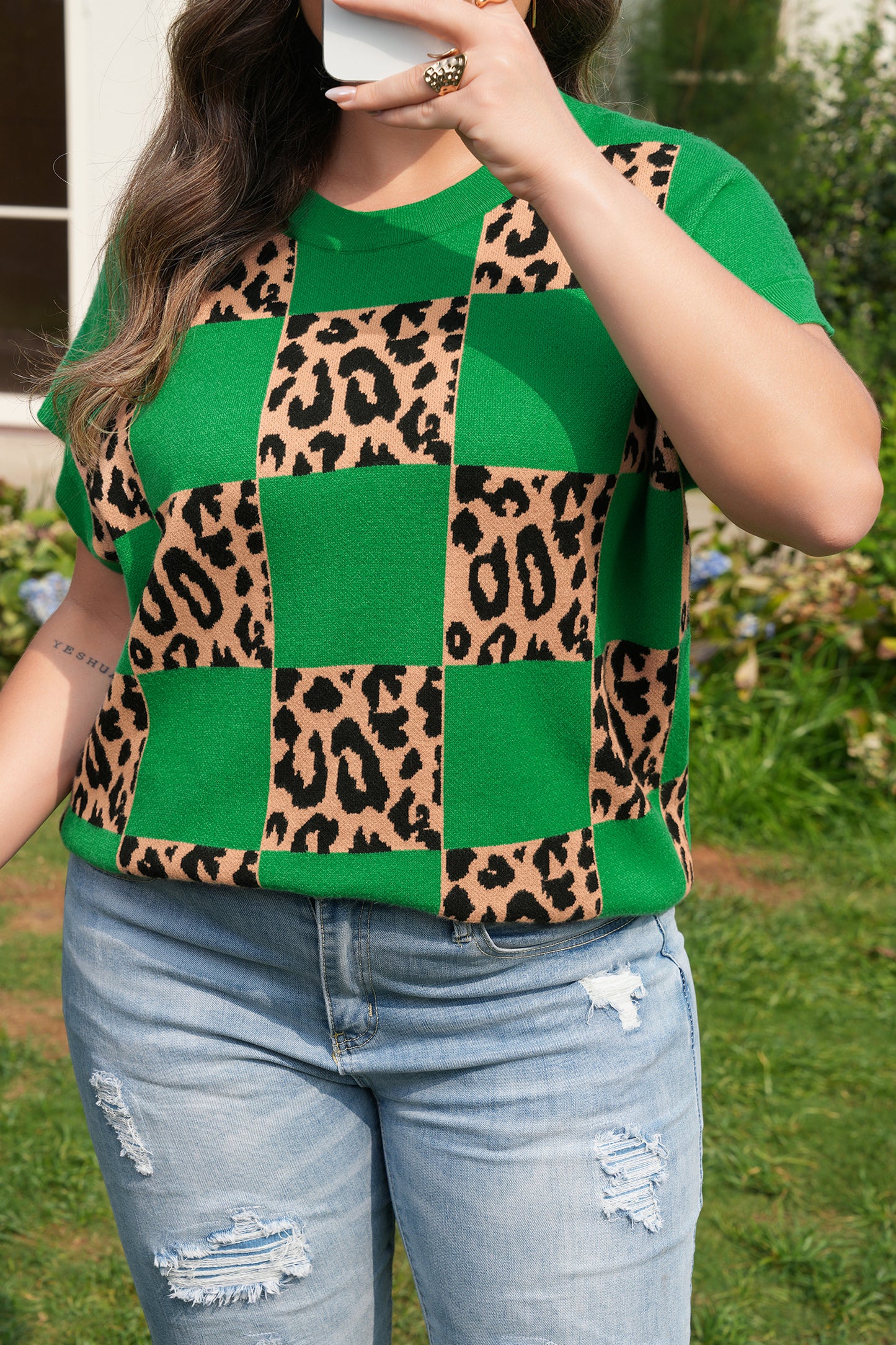 Red Plus Size Leopard Contrasted Checkered Short Sleeve Sweater