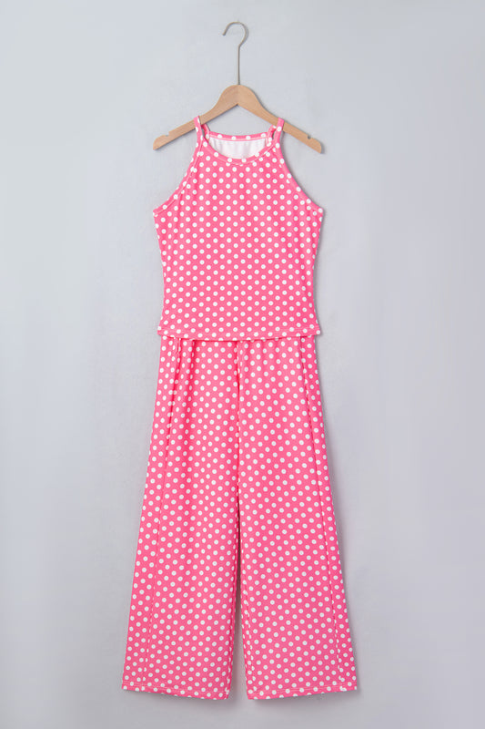 Pink Polka Dot Print Slim Tank Loose Pants 2pcs Outfit