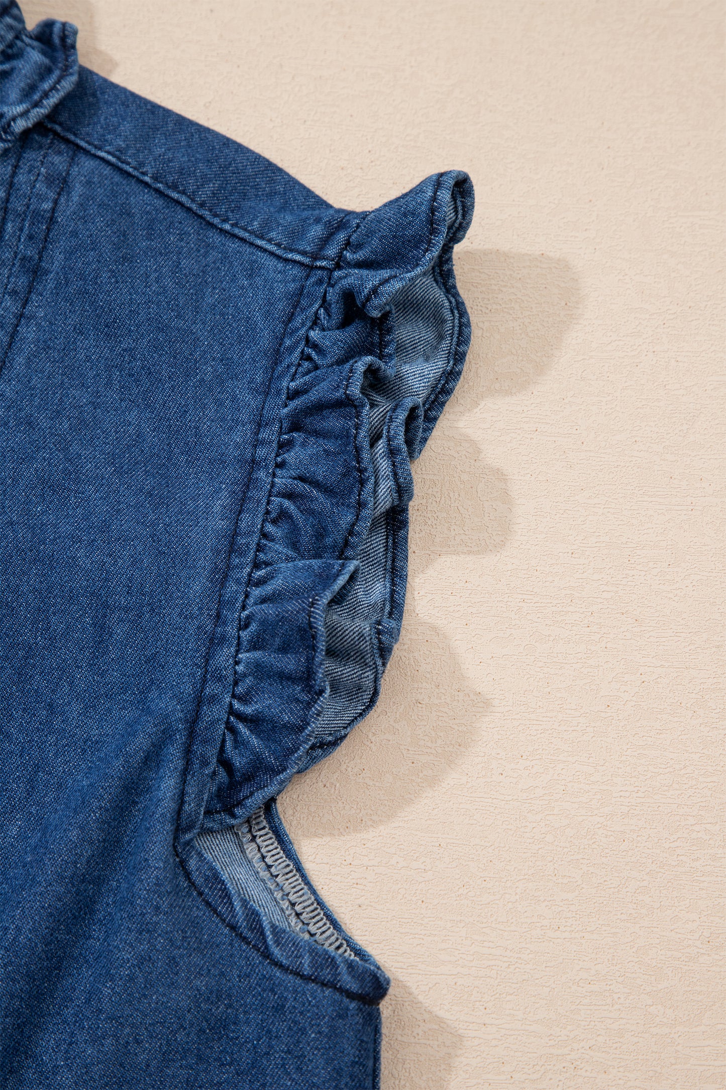Sail Blue Ruffled Edge Collared Shift Denim Dress with Pockets