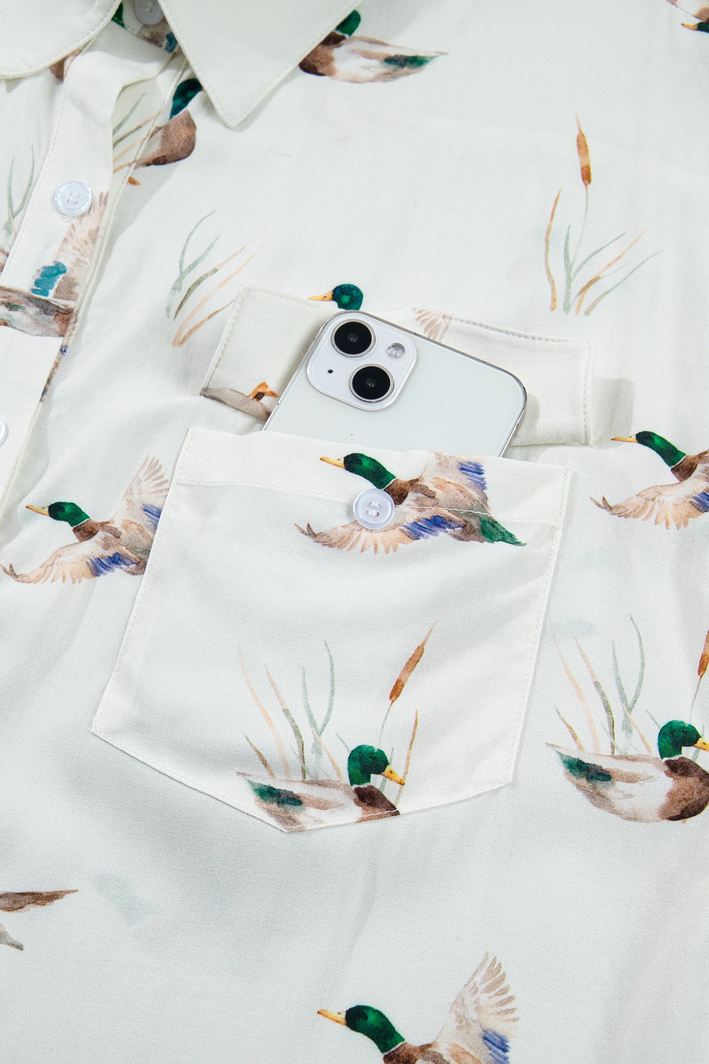 White Mallard Printed Button Flap Pocket Short Sleeve Shirt