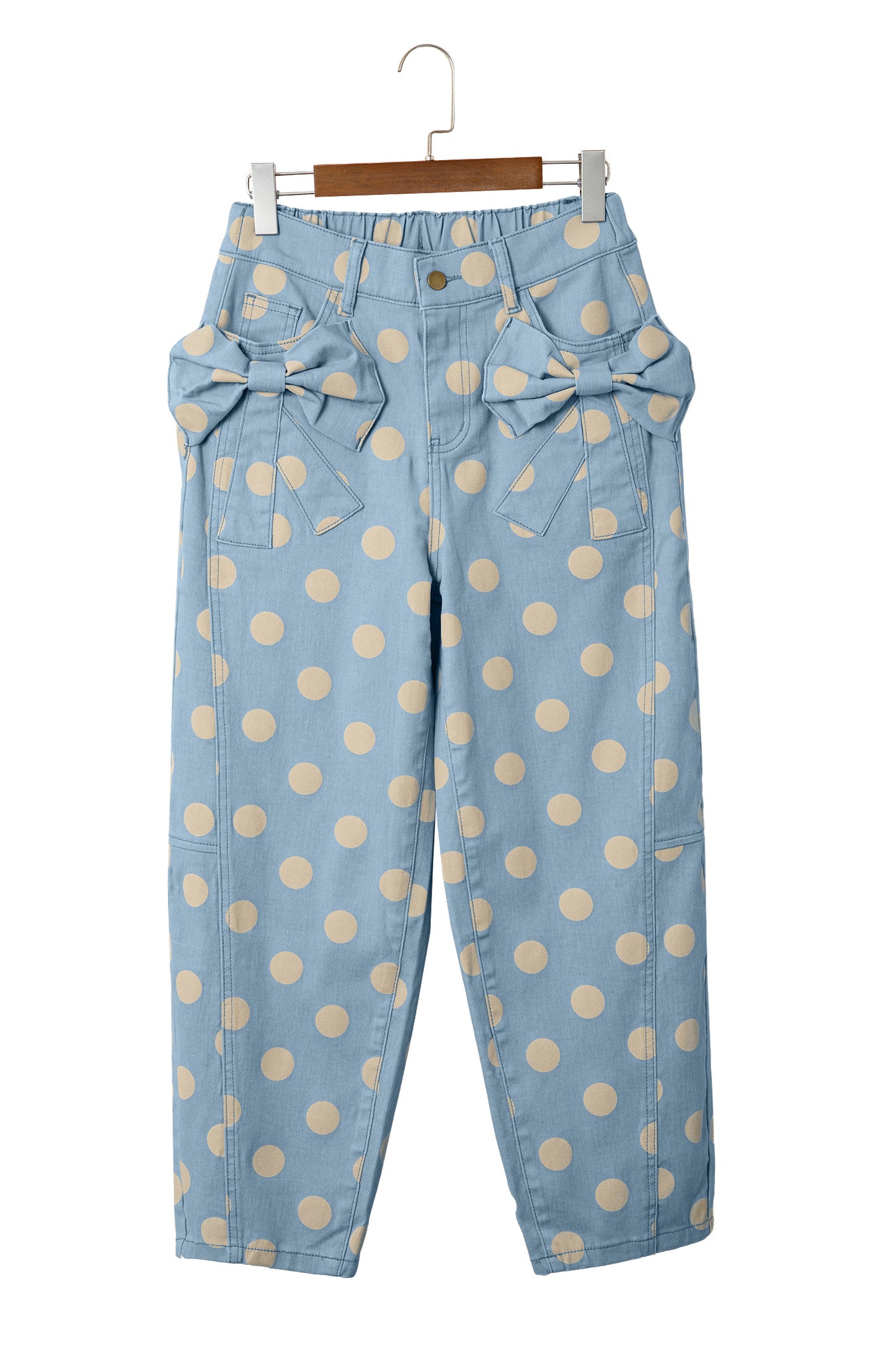 Sky Blue Polka Dot Print Bow Detail Pocketed Jeans