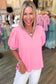 Bonbon Solid Color V Neck Short Puff Sleeve Blouse