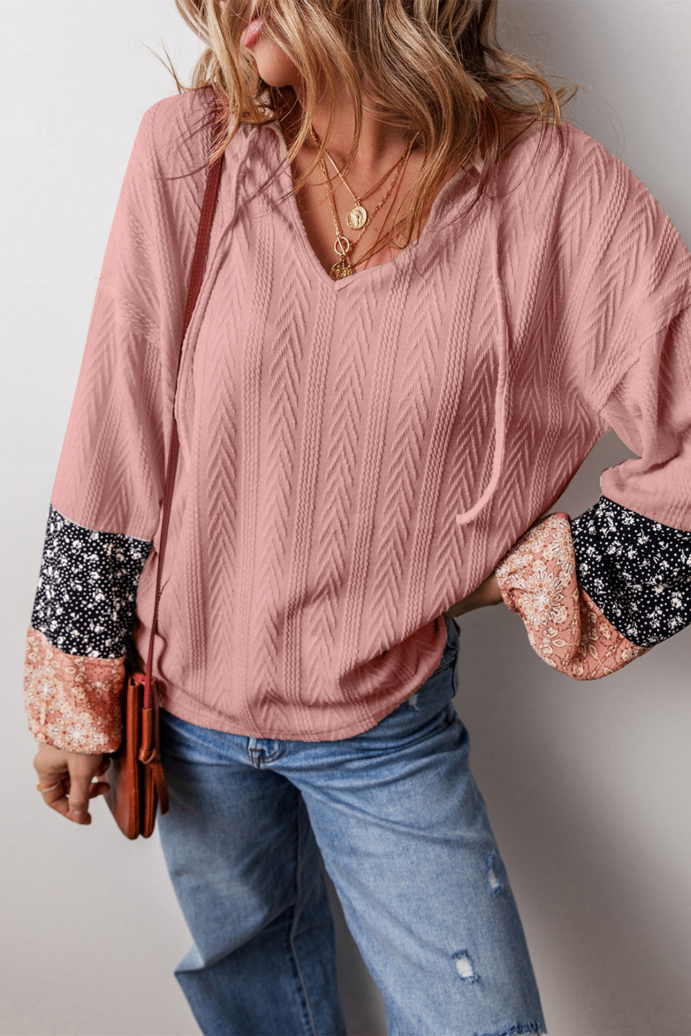 White Floral Patchwork Textured Knit Drawstring V Neck Blouse