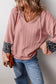 White Floral Patchwork Textured Knit Drawstring V Neck Blouse