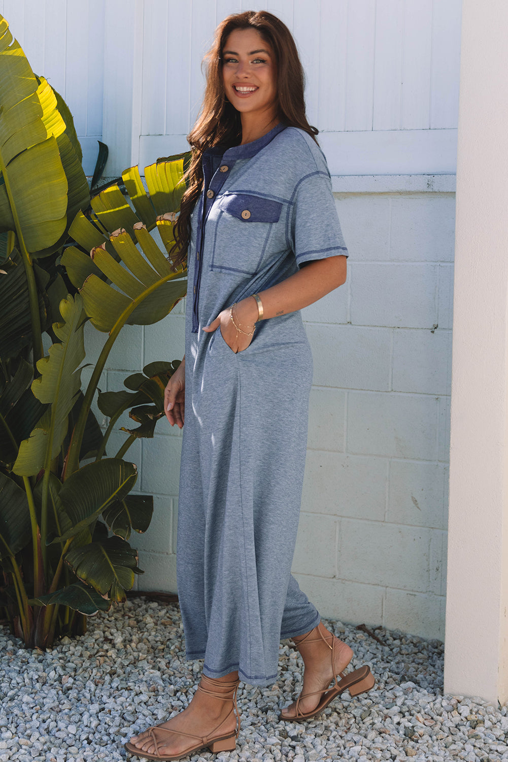 Beau Blue Half Placket Chest Pockets Short Sleeve Wide Leg Jumpsuit