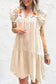 Jet Stream Linen Embroidery Split Neck Pom Pom Ruffle Sleeves Flowy Short Dress