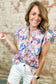 Pink Floral Print Tie V Neck Contrast Detail Ruffle Short Sleeve Blouse