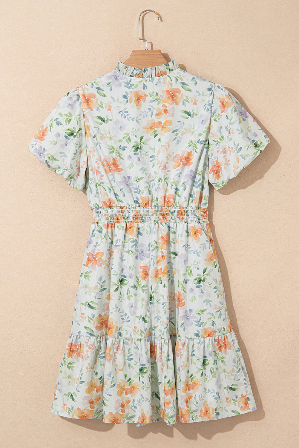 Beige Floral Print Shirred High Waist Puff Sleeve Mini Dress