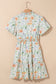 Beige Floral Print Shirred High Waist Puff Sleeve Mini Dress