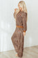 Khaki Leopard Pullover and Pants 2pcs Outfit with Bow Embroidery