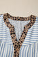 Pink Stripe Leopard Trim V Neck Button Down Half Sleeve Shirt