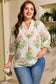 Pink Plus Size Floral Print Striped Trim V Neck Blouse