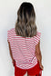 Red Stripe Textured Knit Button Detail Short Sleeve Casual Tee