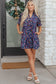 Blue Wild Daisy Floral Split Neck Short Puff Sleeve Mini Dress