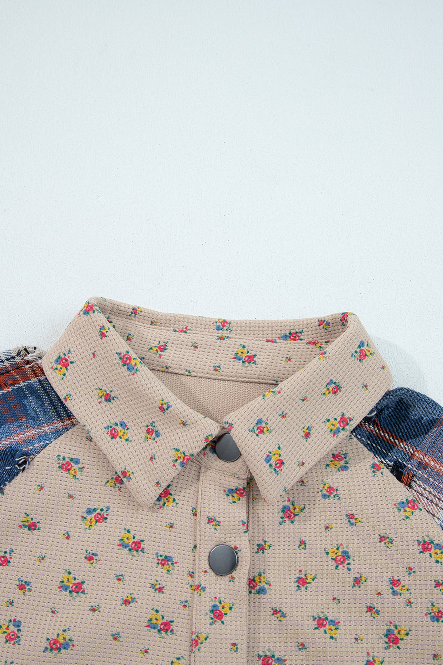 Oatmeal Boho Floral Plaid Patchwork Distressed Detail Ruffled Sleeve Waffle Knit Shacket