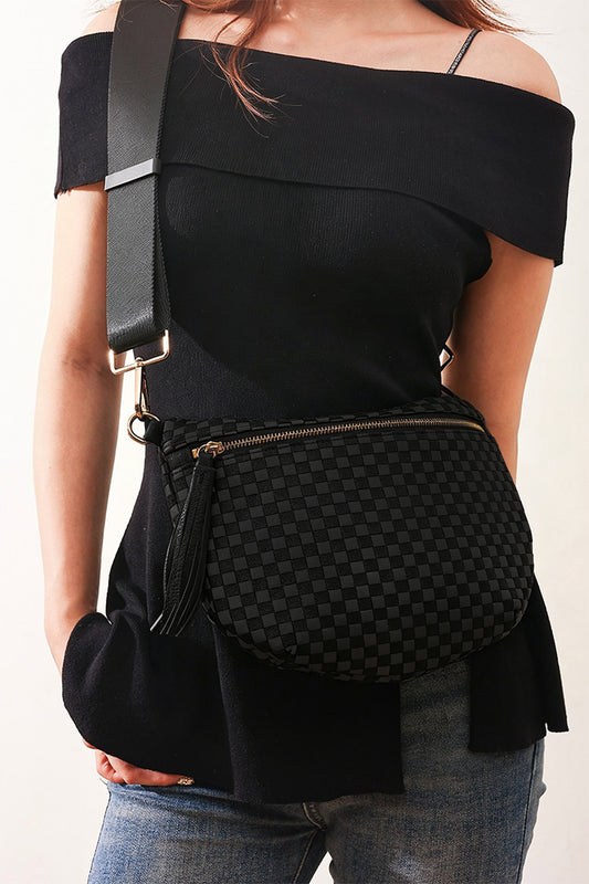 Color black Checkered Woven PU Leather Crossbody Bag Adjustable Strap Large Size