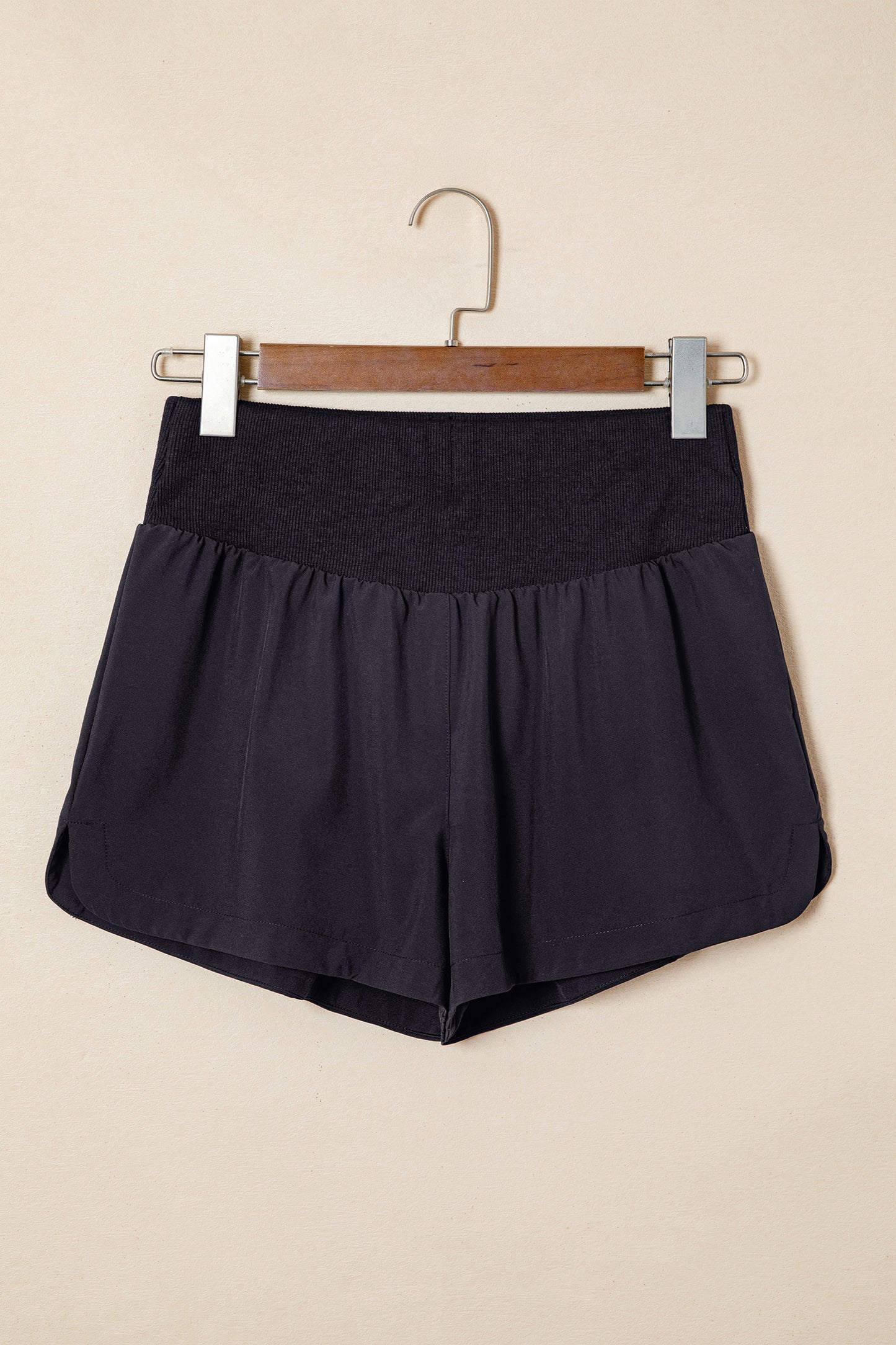 White Solid Color Ribbed Patchwork High Waist Athletic Shorts