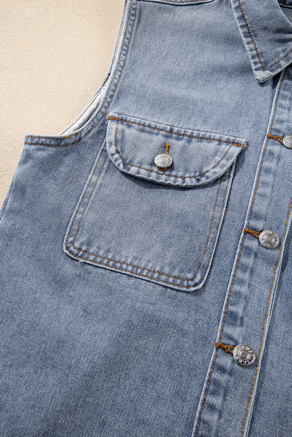 Beau Blue Denim Flap Pocket Curved Hem Shirt Vest