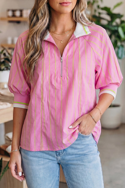 Pink Stripe Striped V-Neck Half Sleeve Zipper Ribbed Cuff Casual Shift Blouse