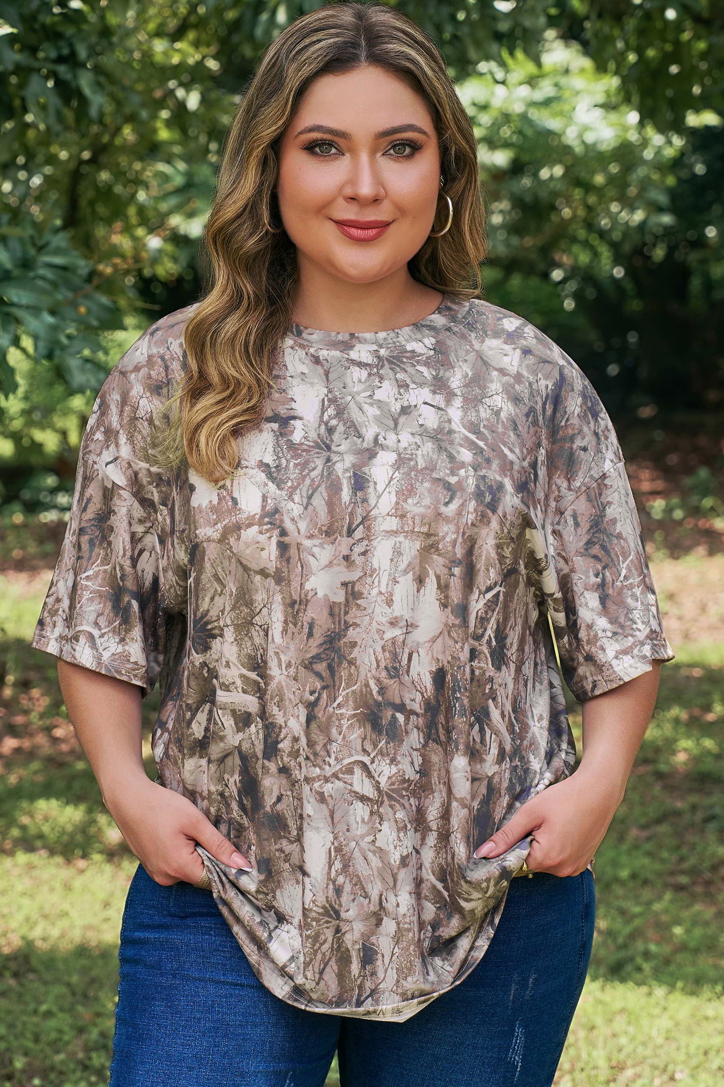Khaki Plus Size Woodland Camouflage Print T Shirt