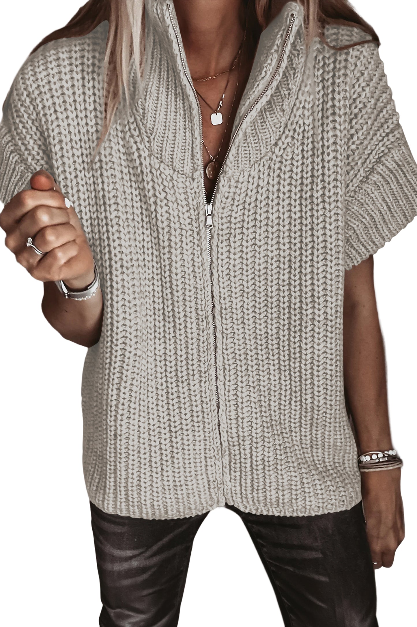 Jet Stream Solid Color Short Sleeve Zipper Knit High Neck Sweater