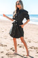 Black Button Up Tie Waist Puff Sleeve Mini Dress