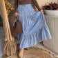 Black Elastic Waist Ruffled Tiered Flared Denim Maxi Skirt